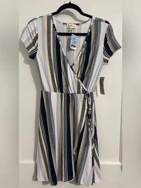 Derek Heart Navy, White & Beige Striped Wrap Mini Dress